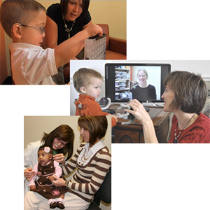 A series of photos with hearing professionals and children
