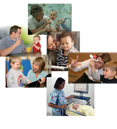a montage of photos showing newborn hearing screenings, signing, and learning activities